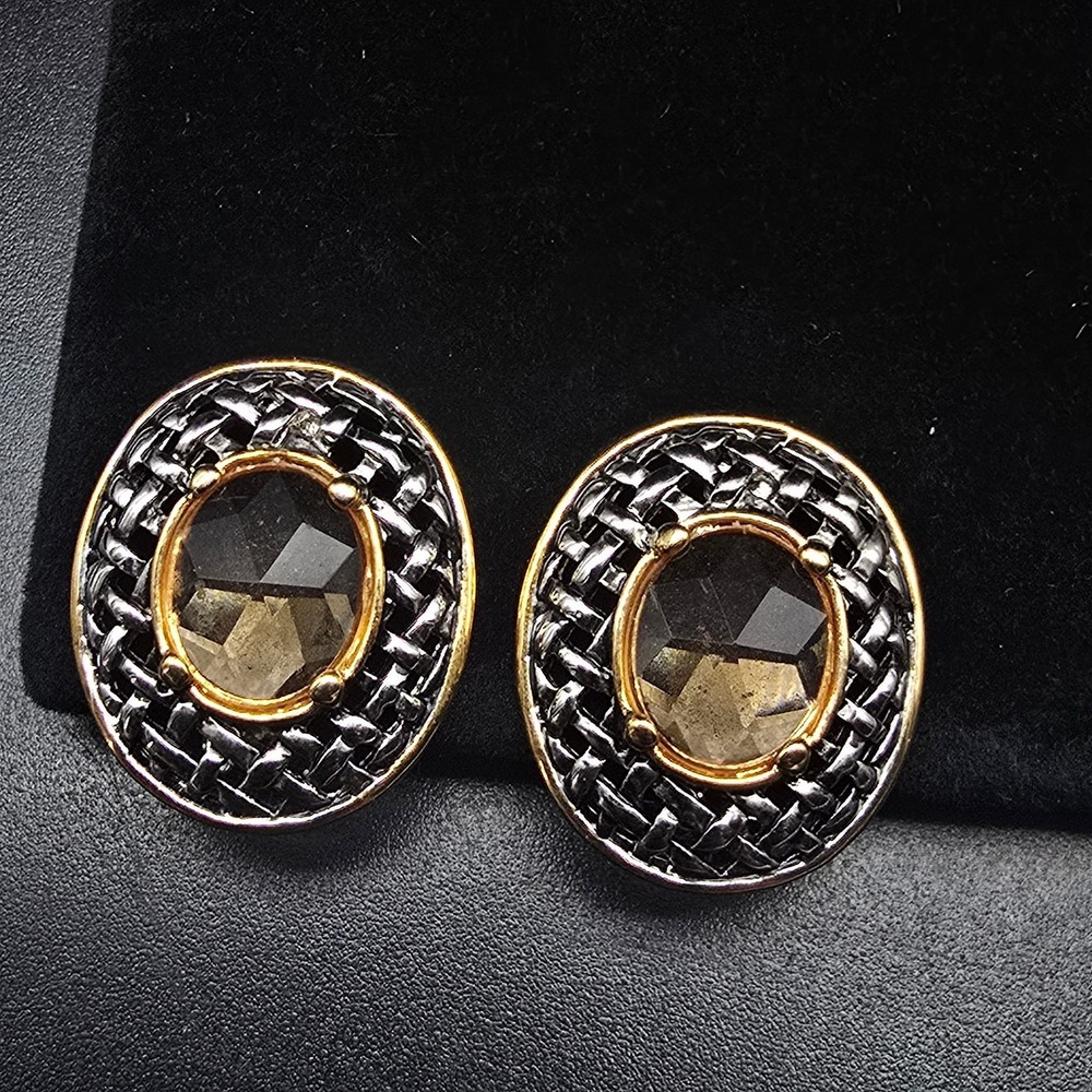 Champagne Rhinestone Oval Clip On Earrings Two Tone Basket Weave 1990s Vintage